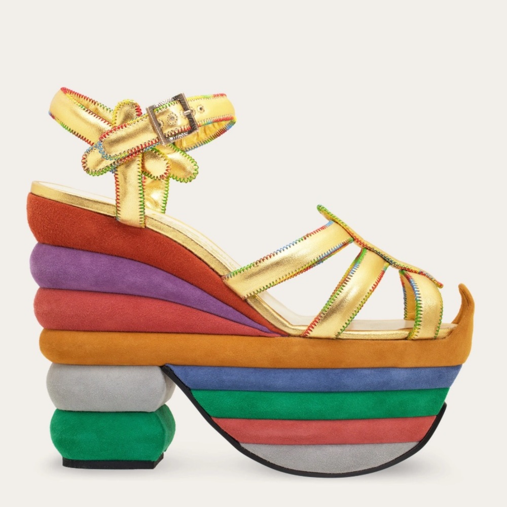 Ferragamo Creations multicolored Rainbow multi-mega platform wedge gold sandal